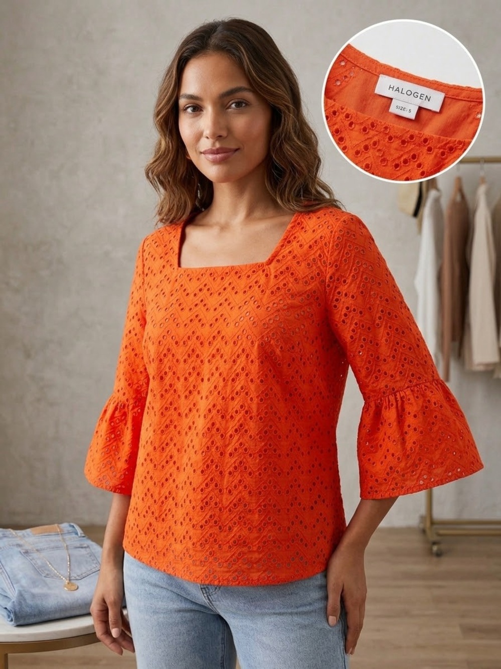 Halogen Bright Orange Eyelet Square Neck Blouse Size S